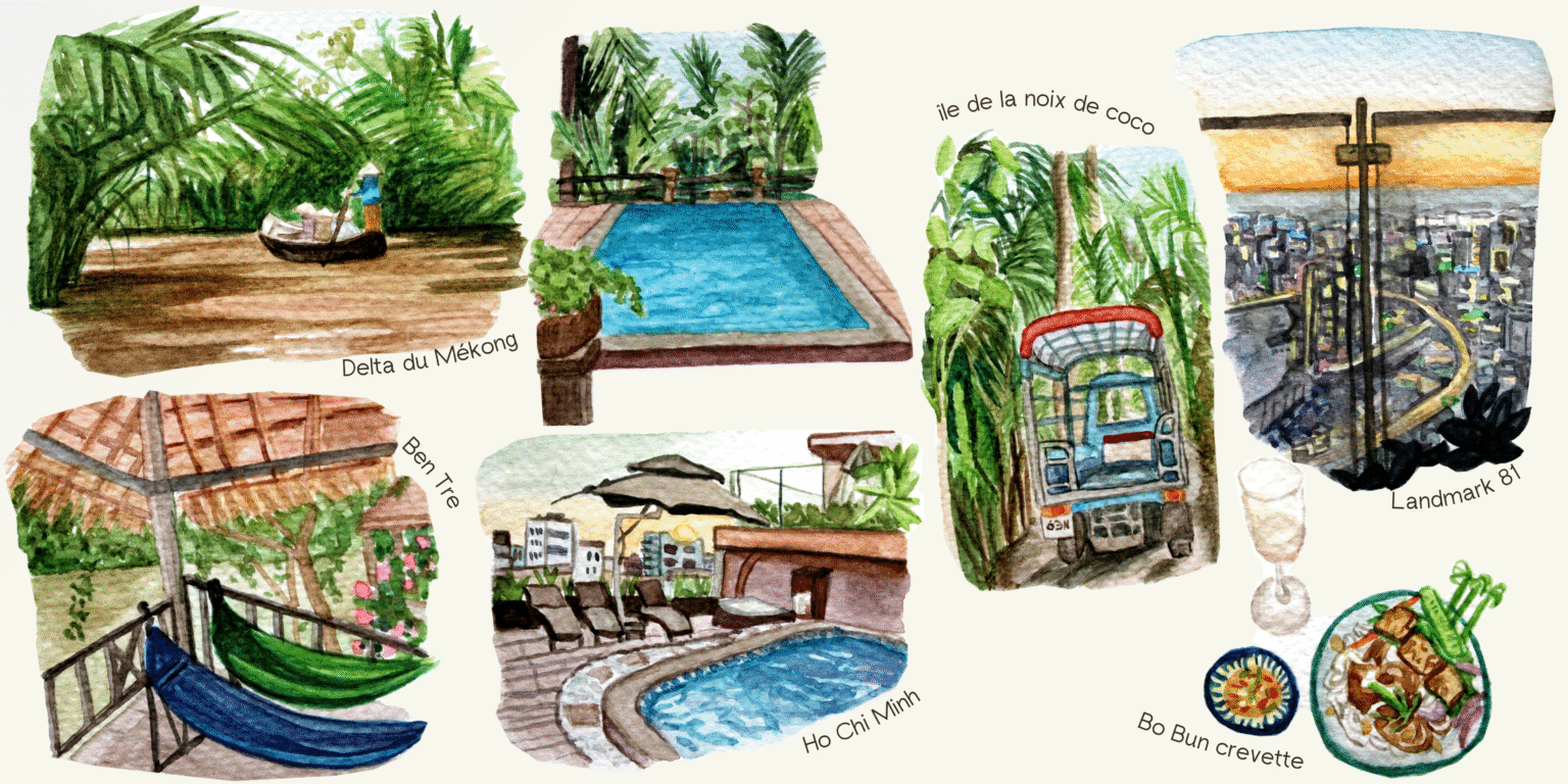 Direction le sud de Vietnam, avec le delta du Mékong et la ville Ho Chi Minh